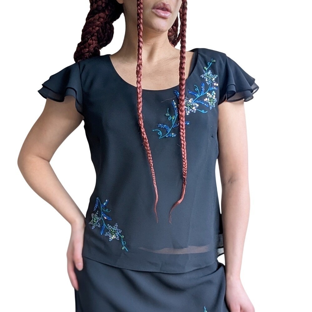 Vintage Y2k Stary Whimsical Sequins Enchanted Sheer Ruffle Sleeve Blouse